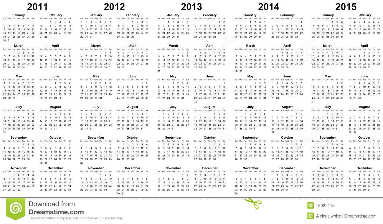 Calendar For Year 2011, 2012, 2013, 2014, 2015 Stock