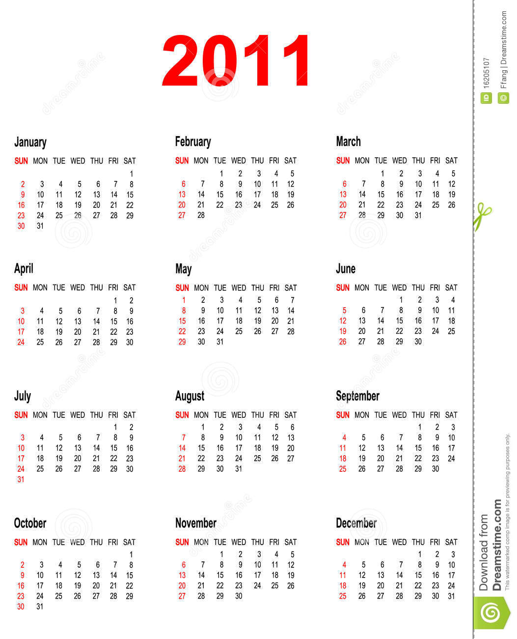 Calendar For Year 2011. Stock Vector. Illustration Of 2011