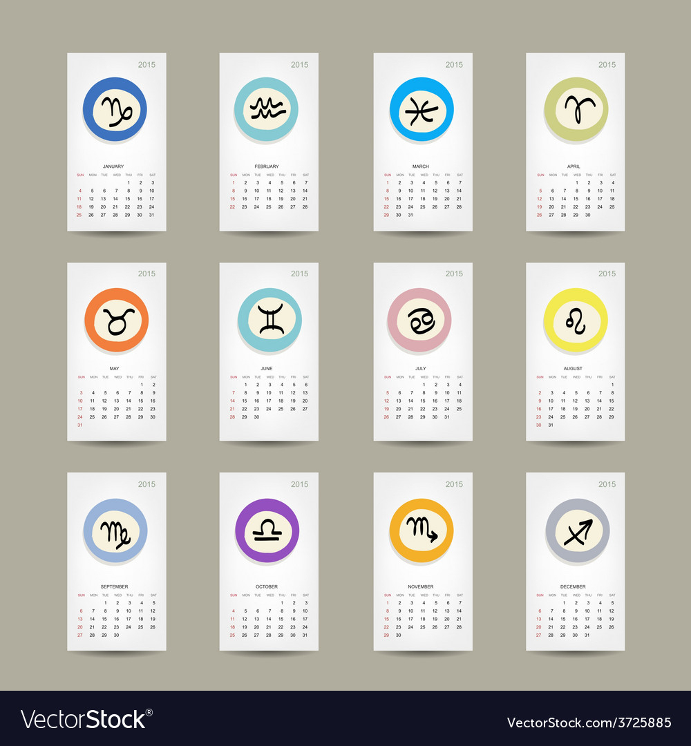 Calendar Grid 2015 Zodiac Signs Design