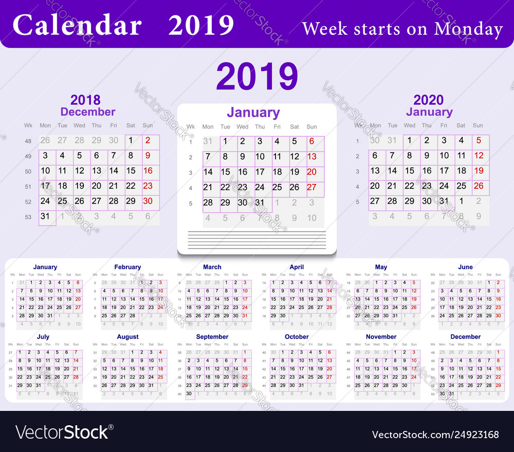 Calendar Grid For 2019 In English Language Wall