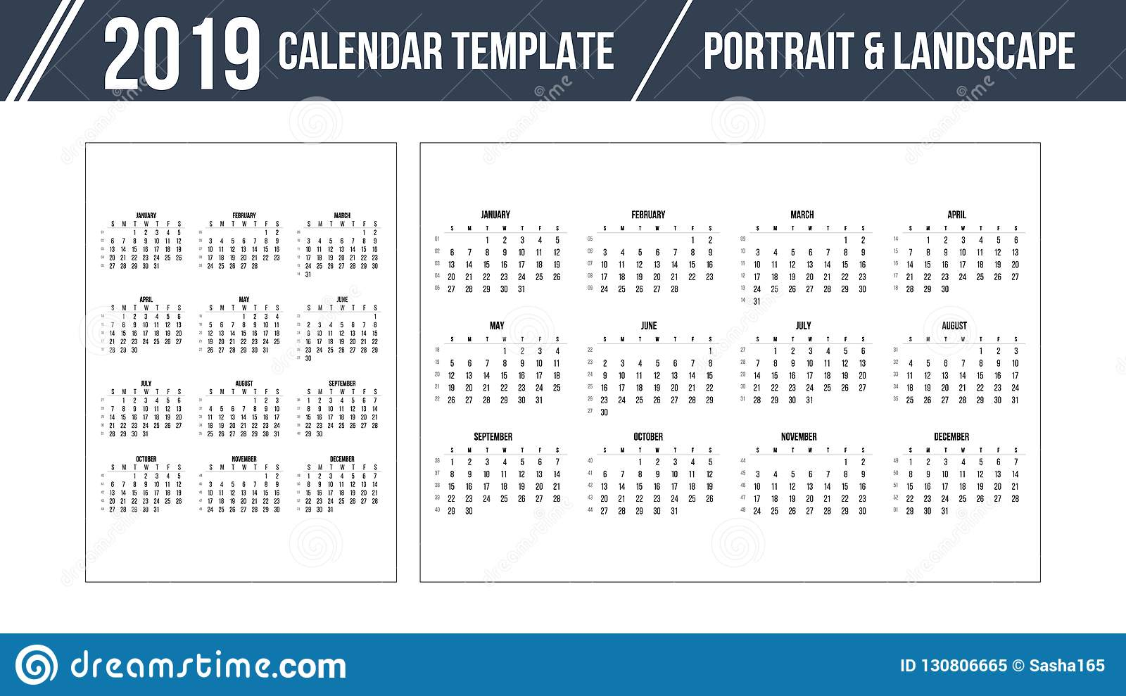 Calendar Grid For 2019 Year On White Background. Portrait