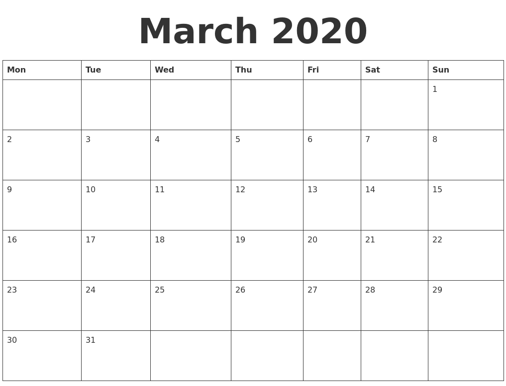 Calendar March 2020 Template - Wpa.wpart.co