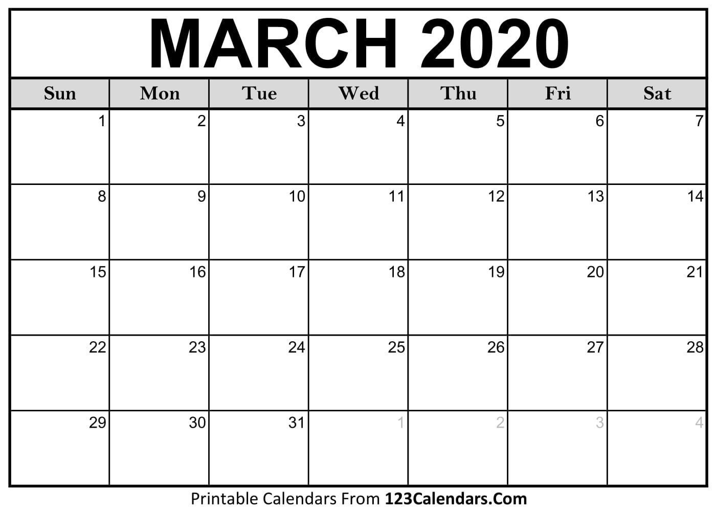 Print Calendar March 2020