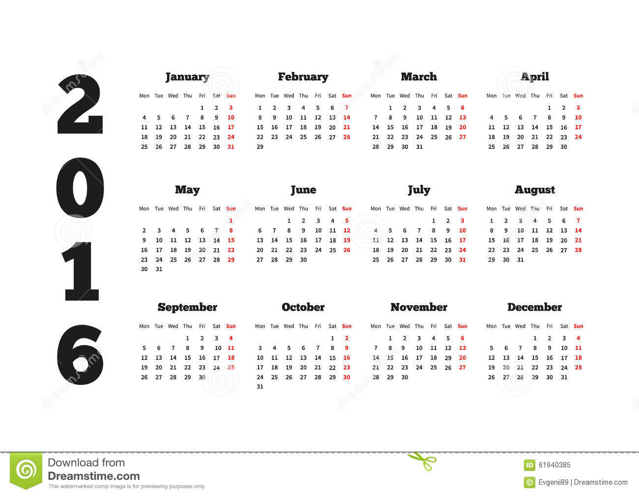 Calendar On 2016 Year With Week Starting From Stock Vector