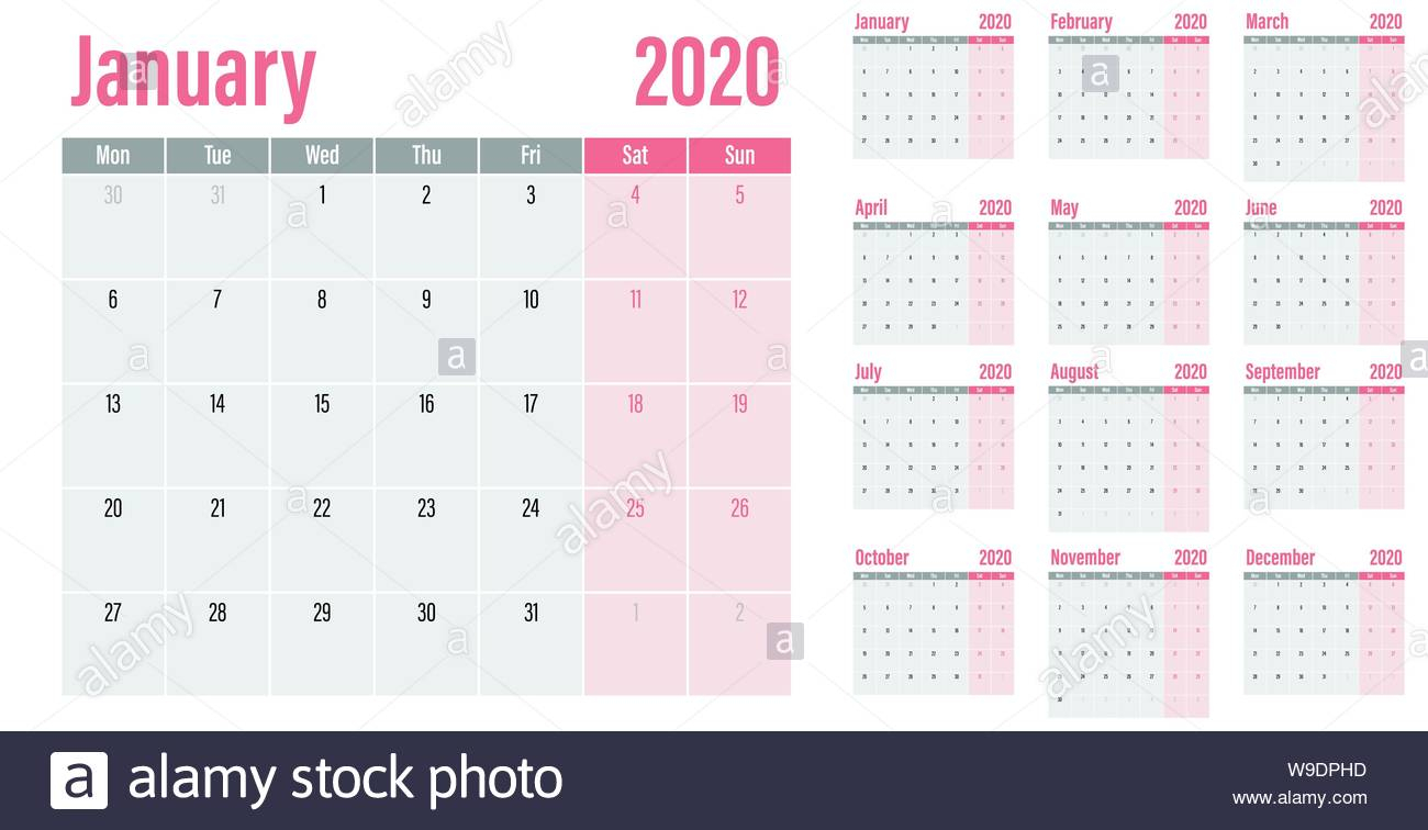 Calendar Planner 2020 Template Vector Illustration All 12