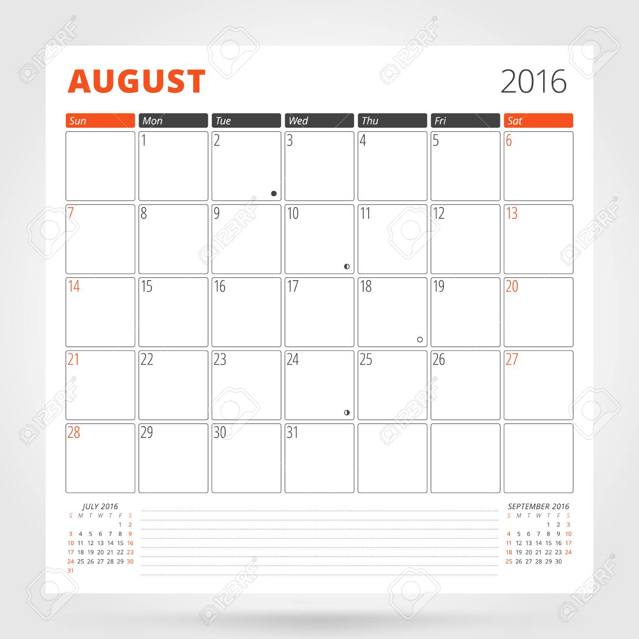 Calendar Planner For 2016 Year. August. Design Print Template..