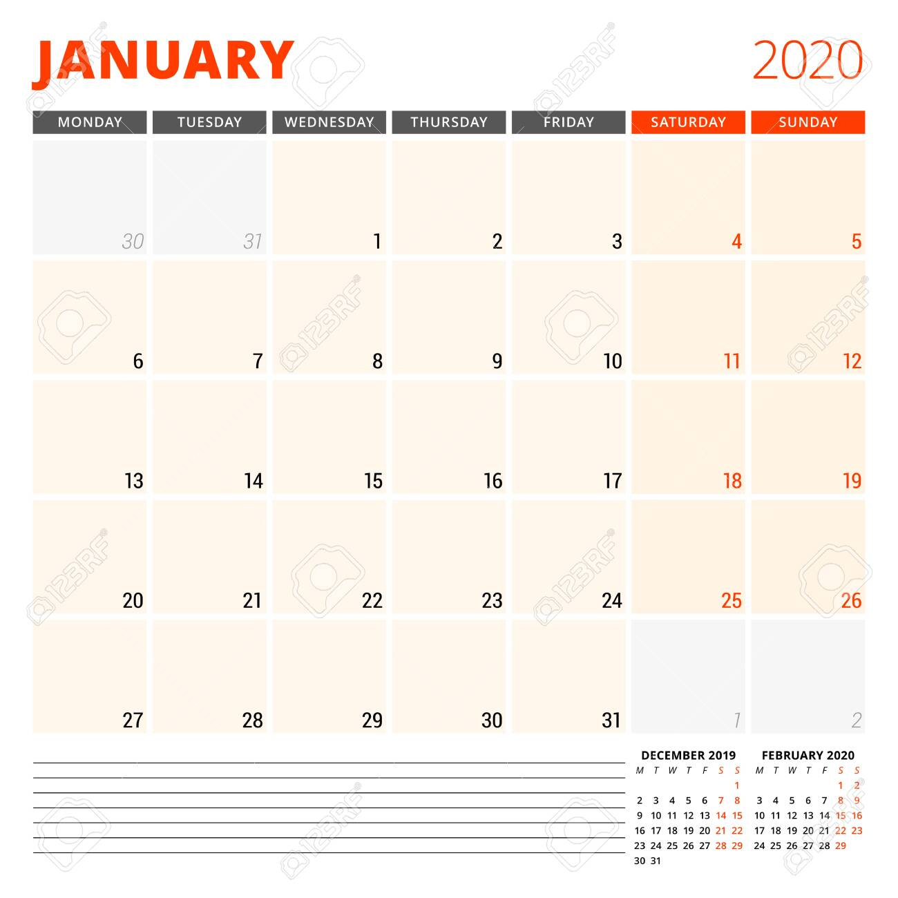 Calendar Planner For January 2020. Stationery Design Template