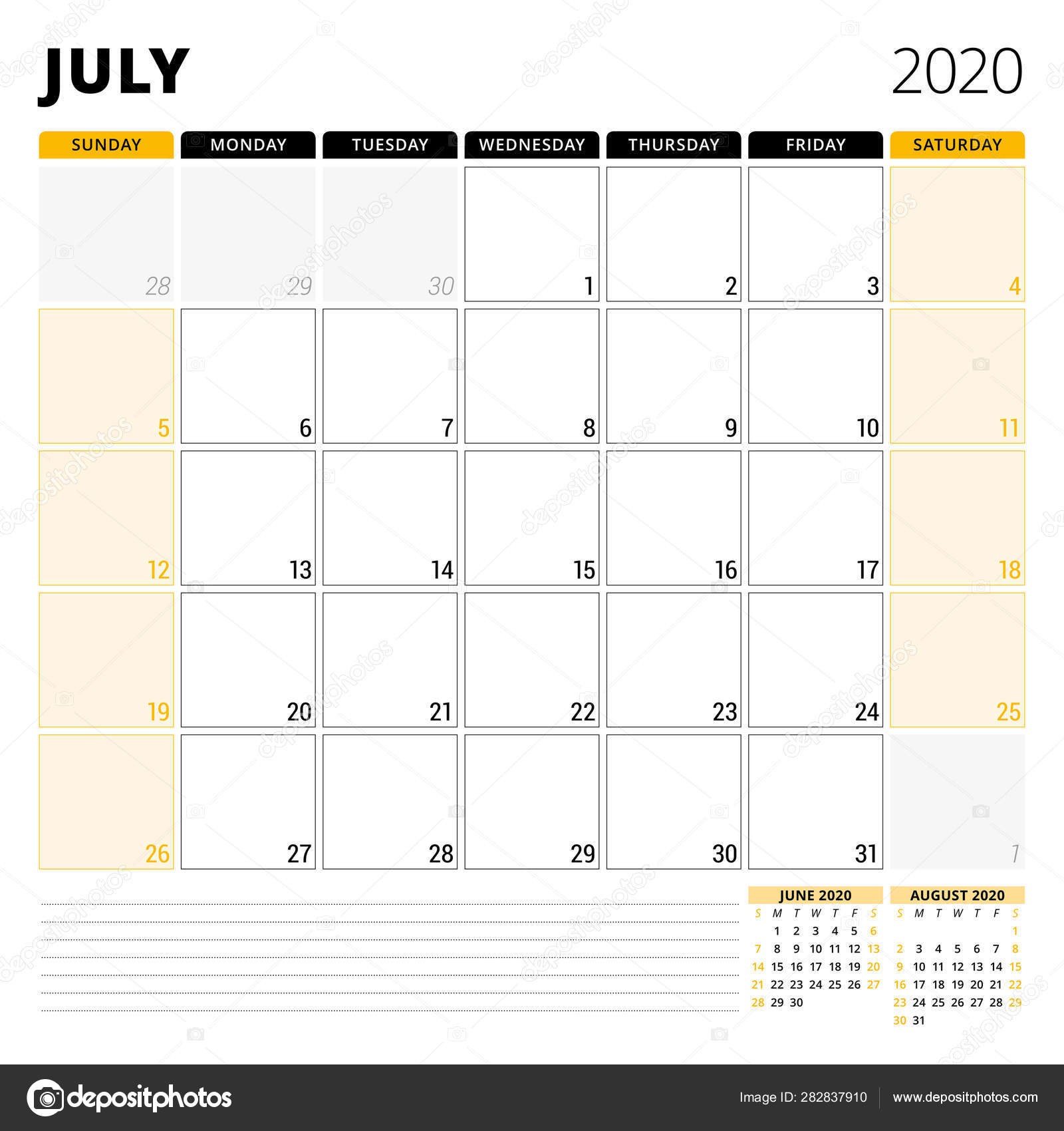 Calendar Planner For July 2020. Stationery Design Template