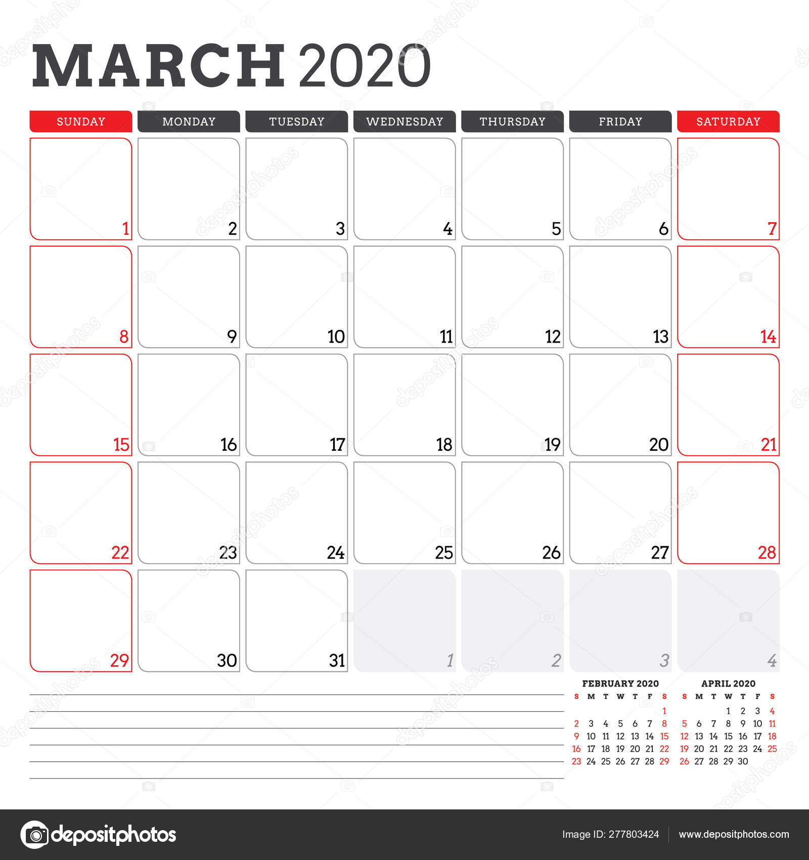 Calendar Planner For March 2020. Week Starts On Sunday