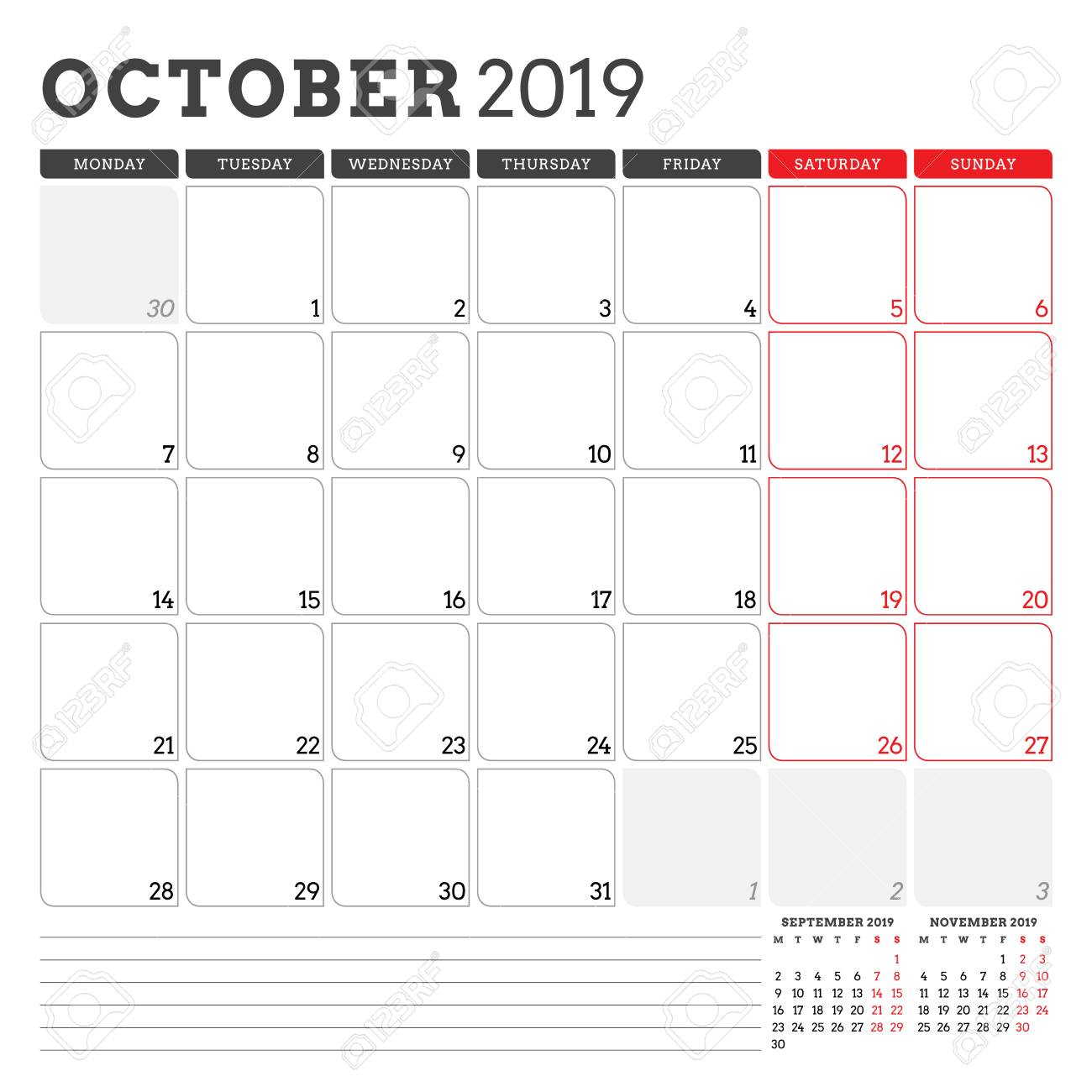 Calendar Planner For October 2019. Week Starts On Monday. Printable..