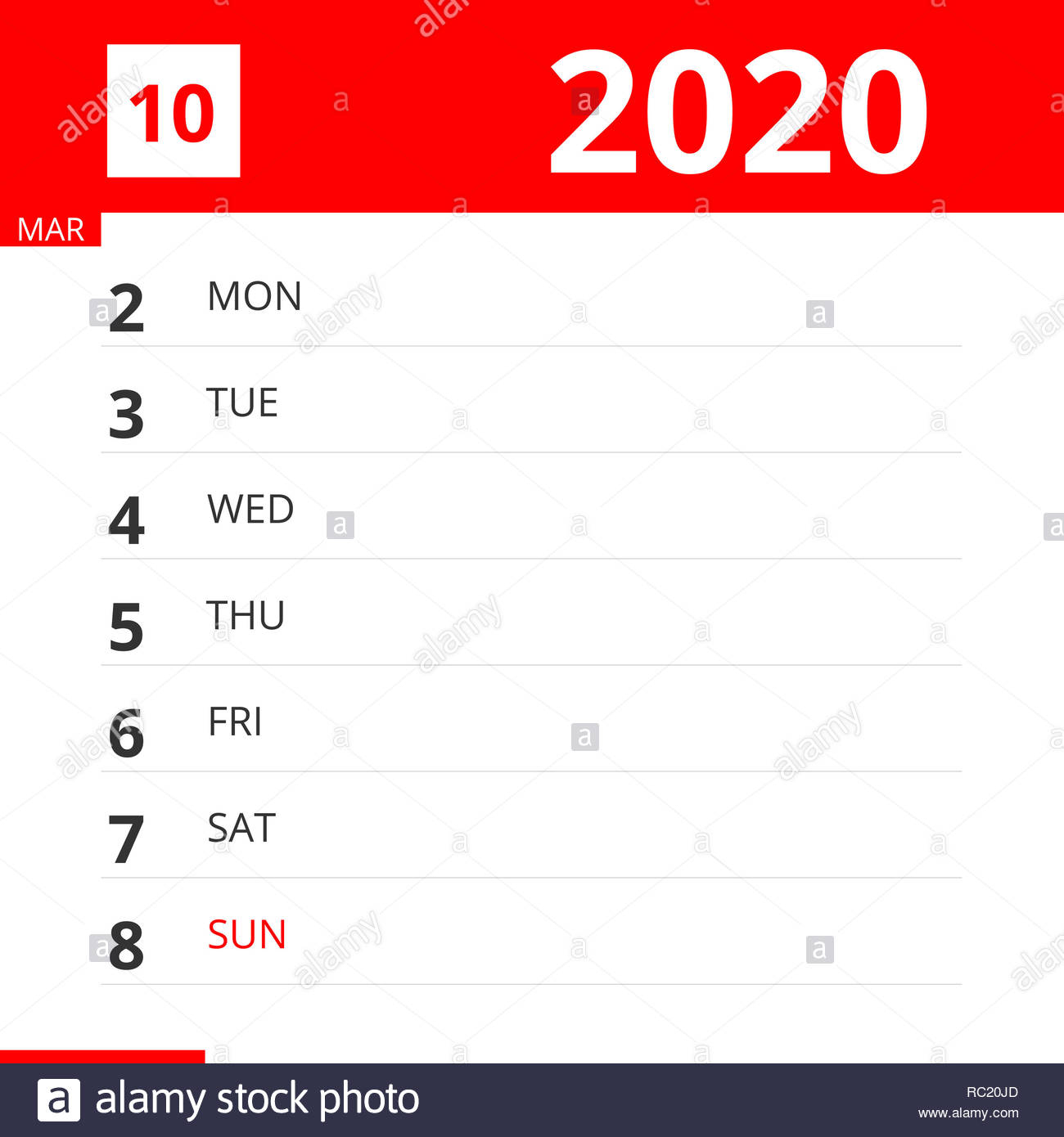 Calendar Planner For Week 10 In 2020, Ends March 8, 2020