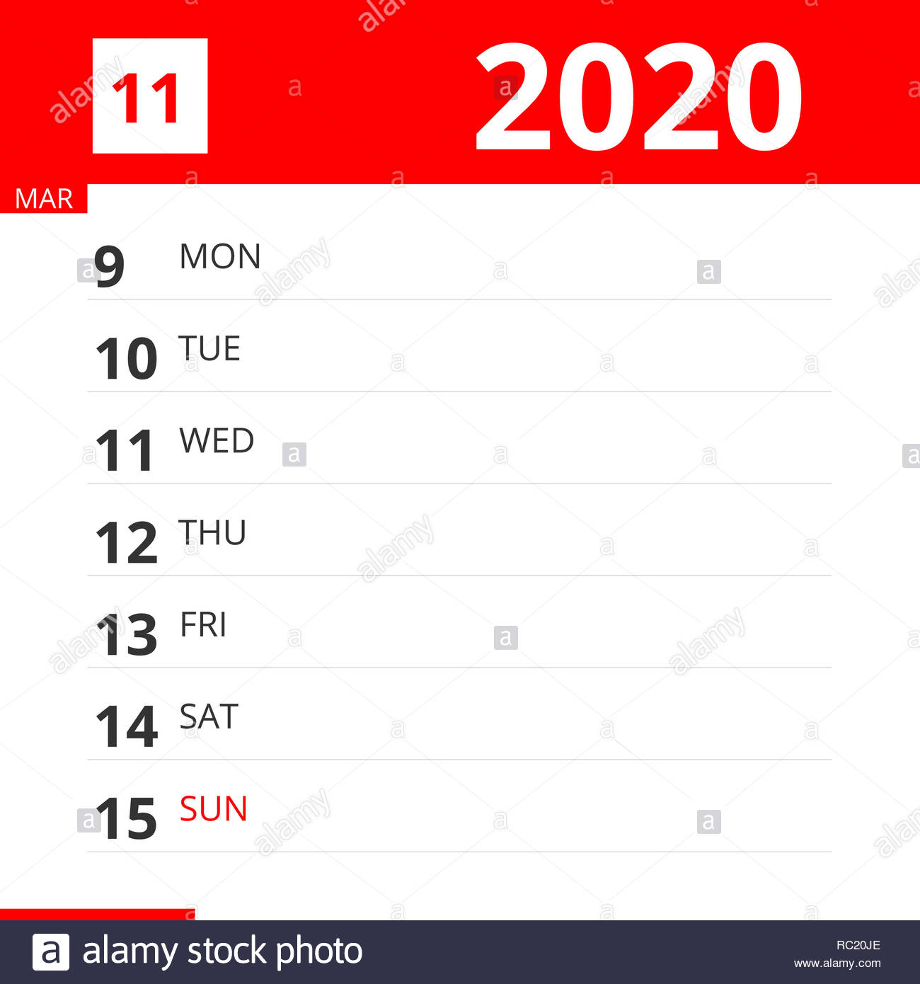 Calendar Planner For Week 11 In 2020, Ends March 15, 2020