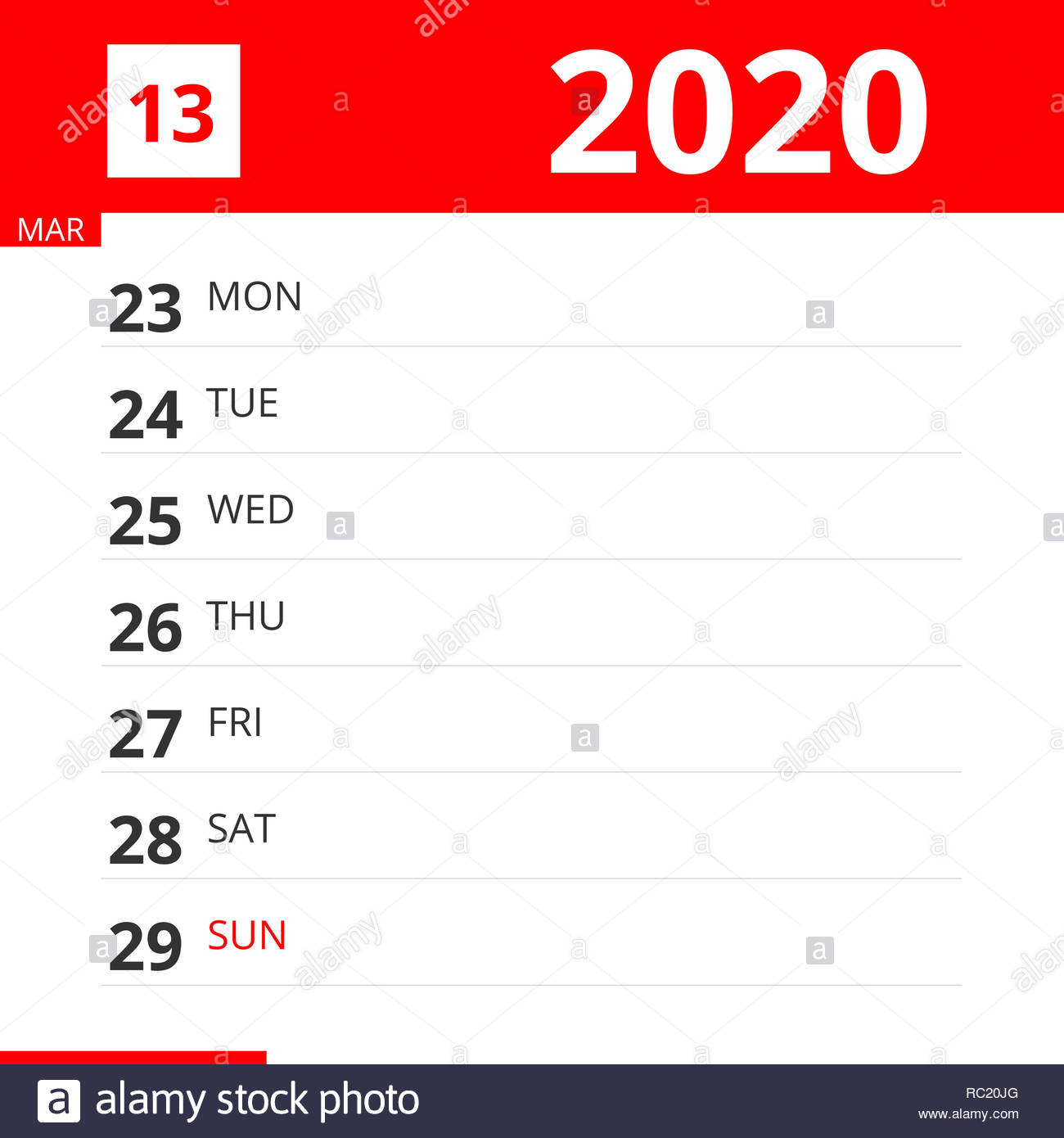 Calendar Planner For Week 13 In 2020, Ends March 29, 2020