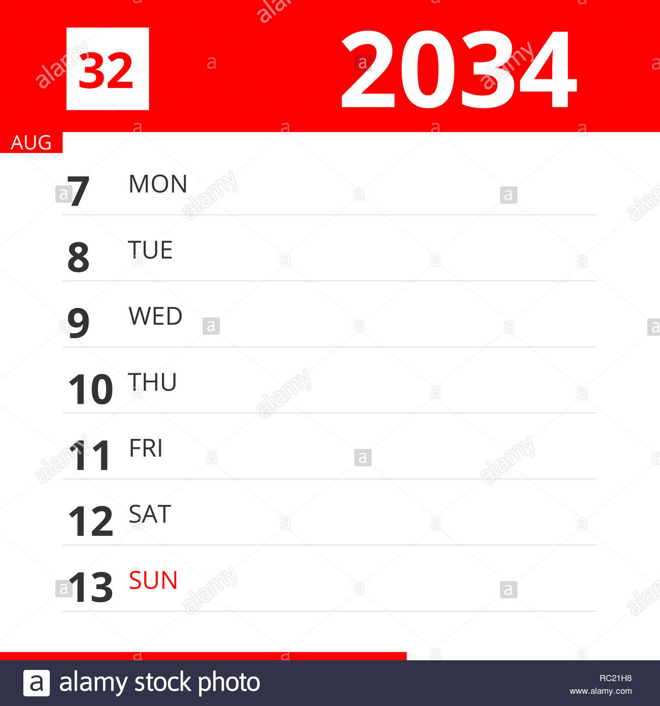 Calendar Planner For Week 32 In 2034, Ends August 13, 2034