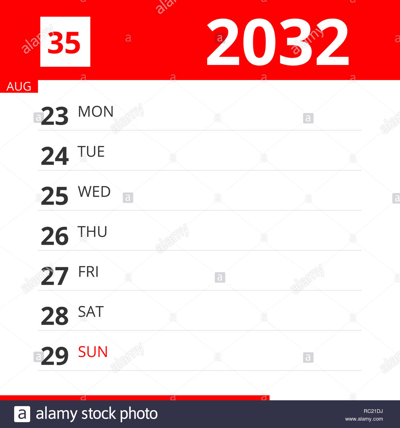 Calendar Planner For Week 35 In 2032, Ends August 29, 2032