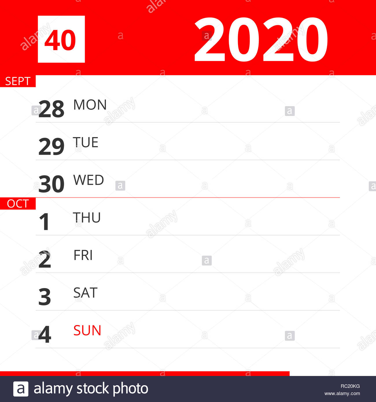 Calendar Planner For Week 40 In 2020, Ends October 4, 2020