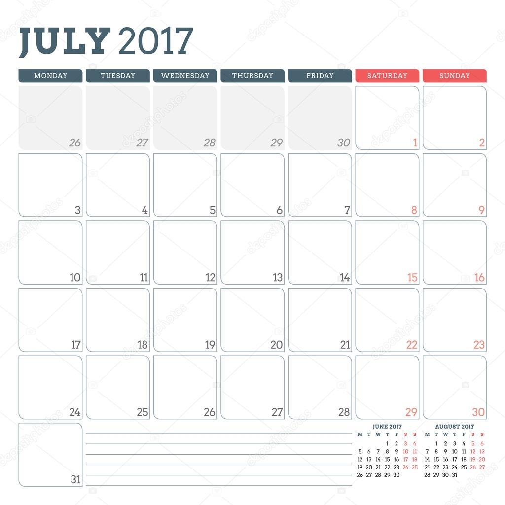 Calendar Planner Template For July 2017. Week Starts Monday