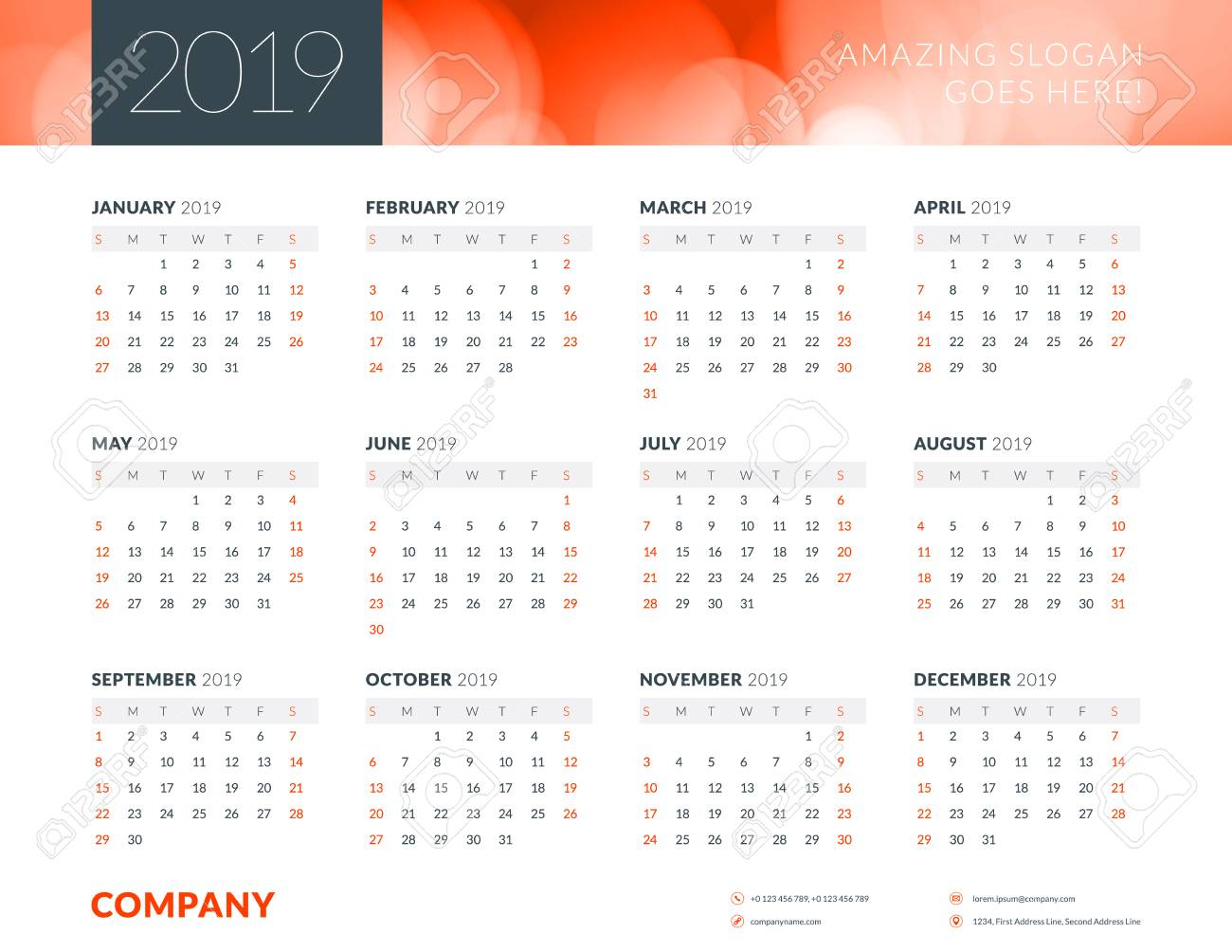 Calendar Poster For 2019 Year. Landscape Orientation. Vector..