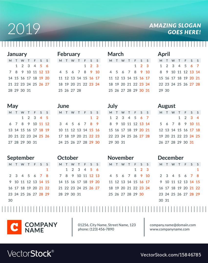 Calendar Poster For 2019 Year Week Starts On