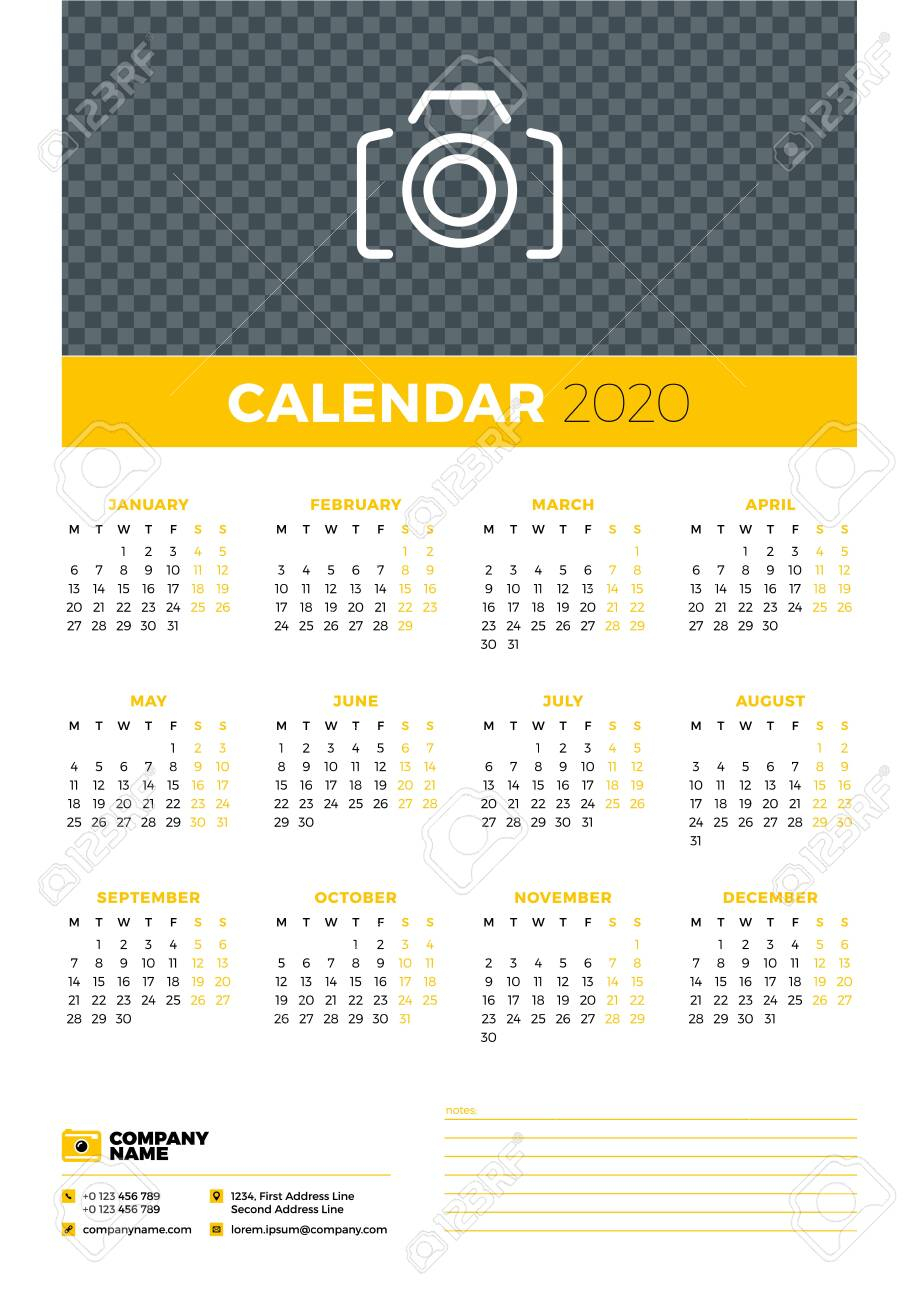Calendar Poster For 2020 Year. Week Starts On Monday. Printable..