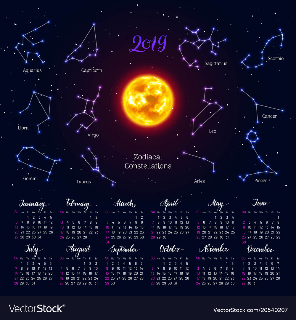 Calendar Sun Zodiac Signs 2019 Night Sky