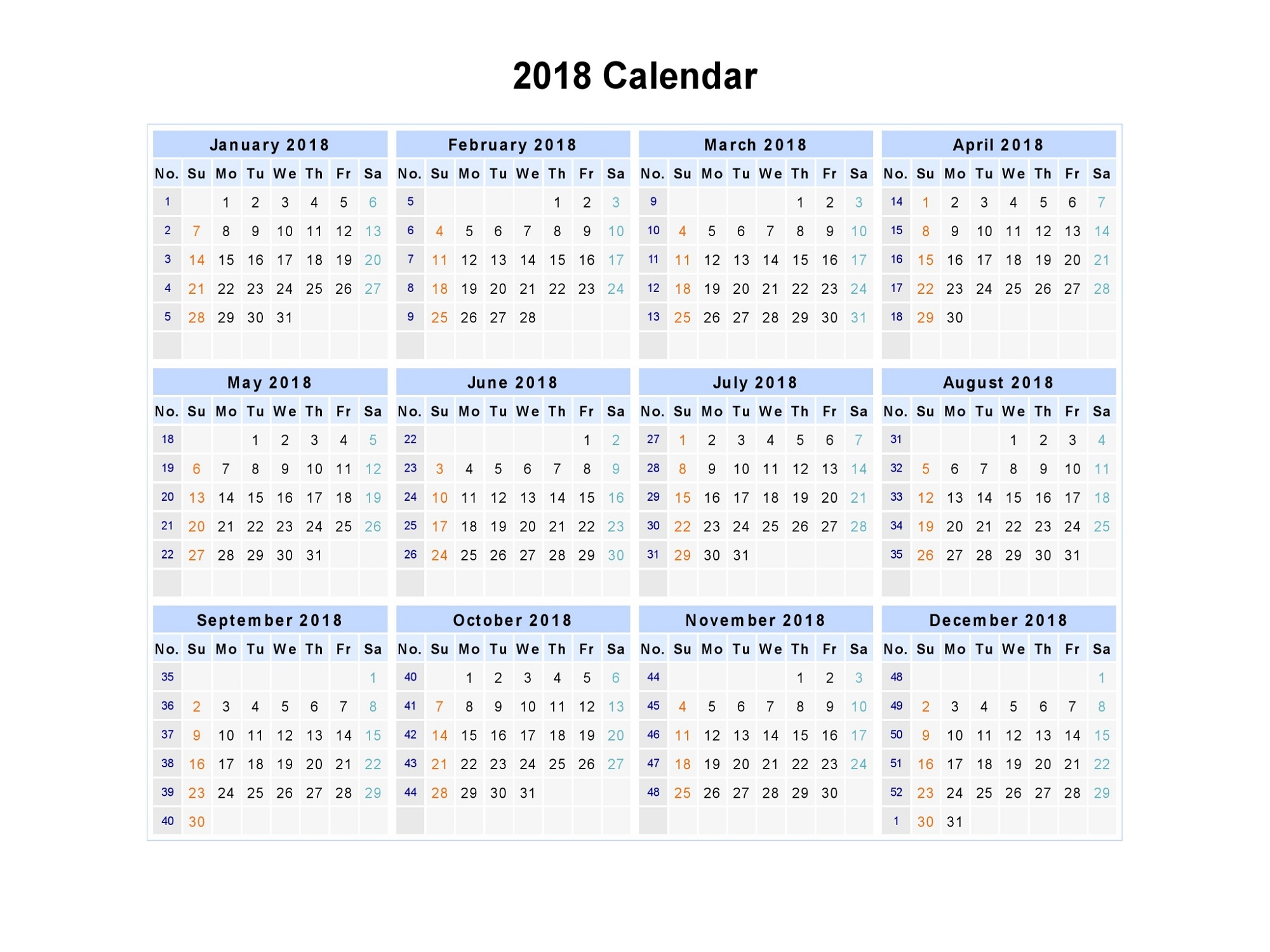 Calendar Template 2018 High Quality | Loving Printable