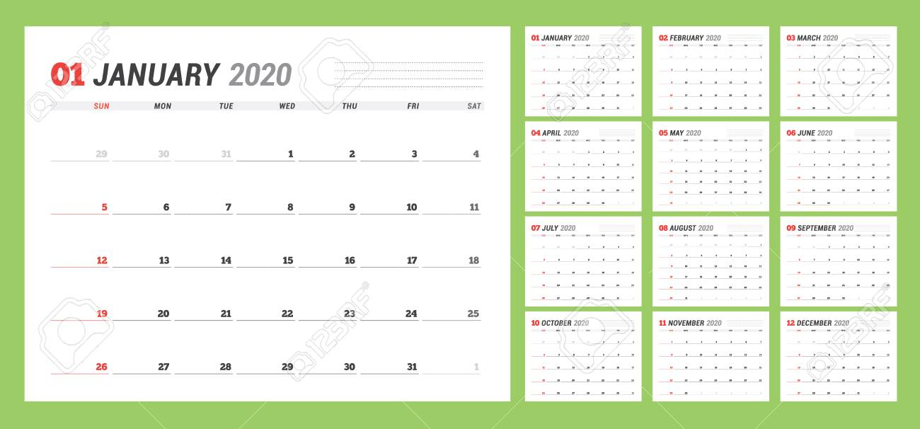 Calendar Template For 2020 Year. Business Planner. Stationery..