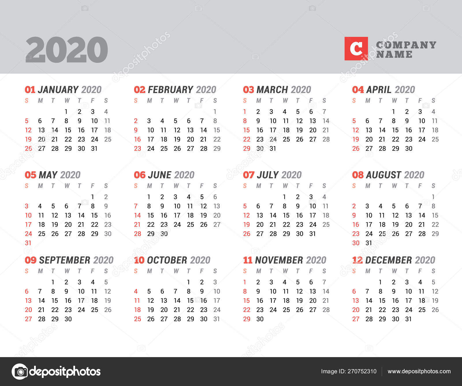 Calendar Template For 2020 Year. Stationery Design. Week