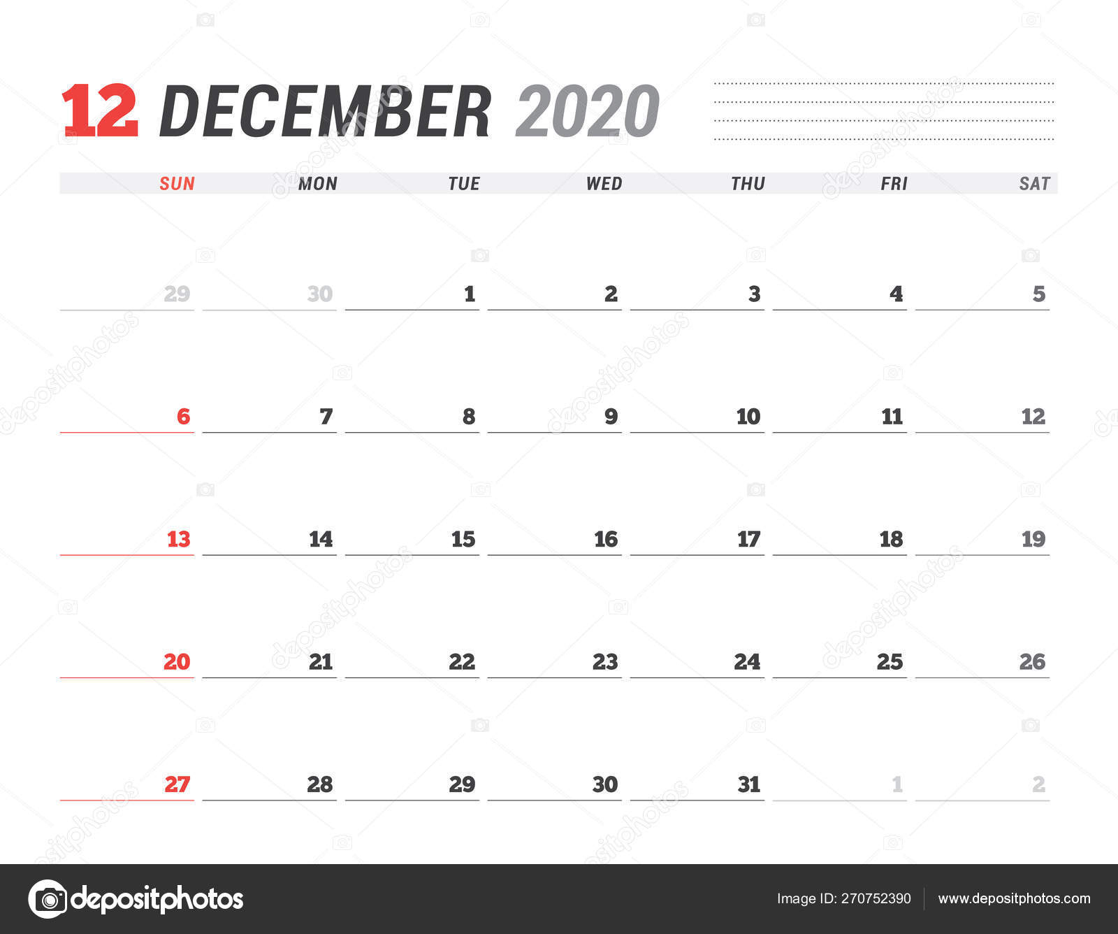 Calendar Template For December 2020. Business Planner