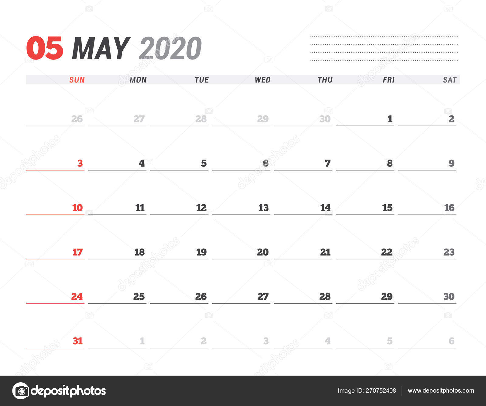 Calendar Template For May 2020. Business Planner. Stationery