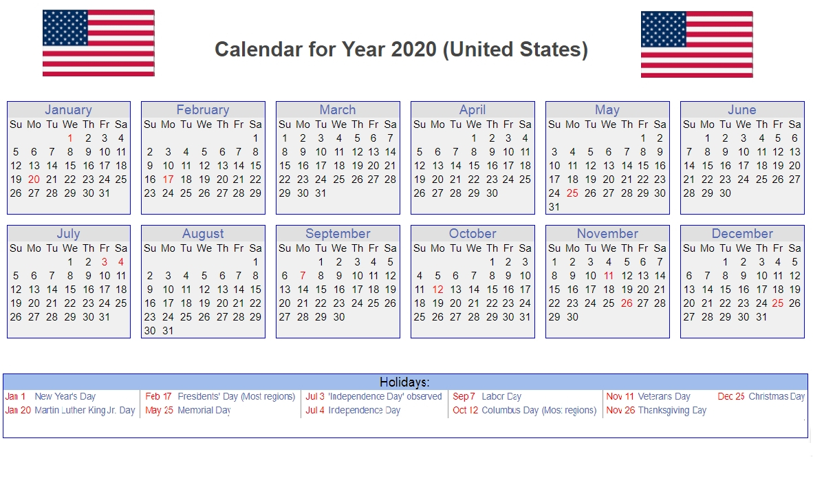 Calendar Year 2020 United States | Month Calendar Printable