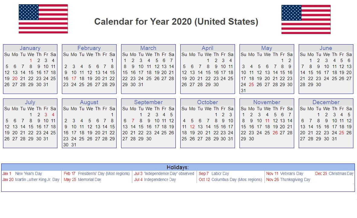 Calendar 2020 United States