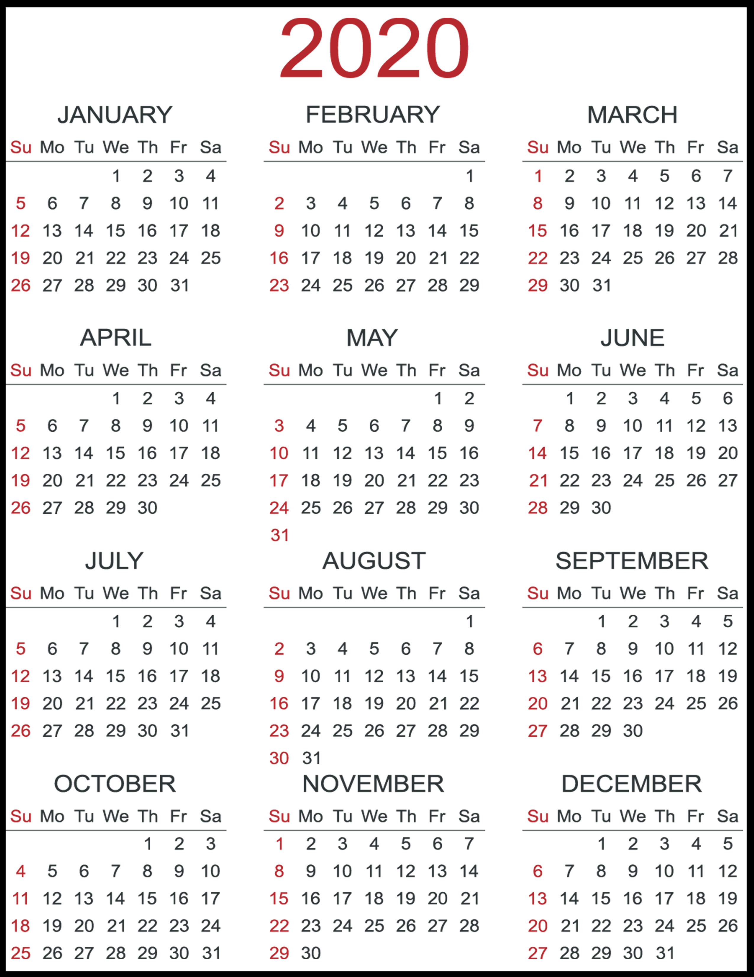 4 Year Calendar 2020 To 2020