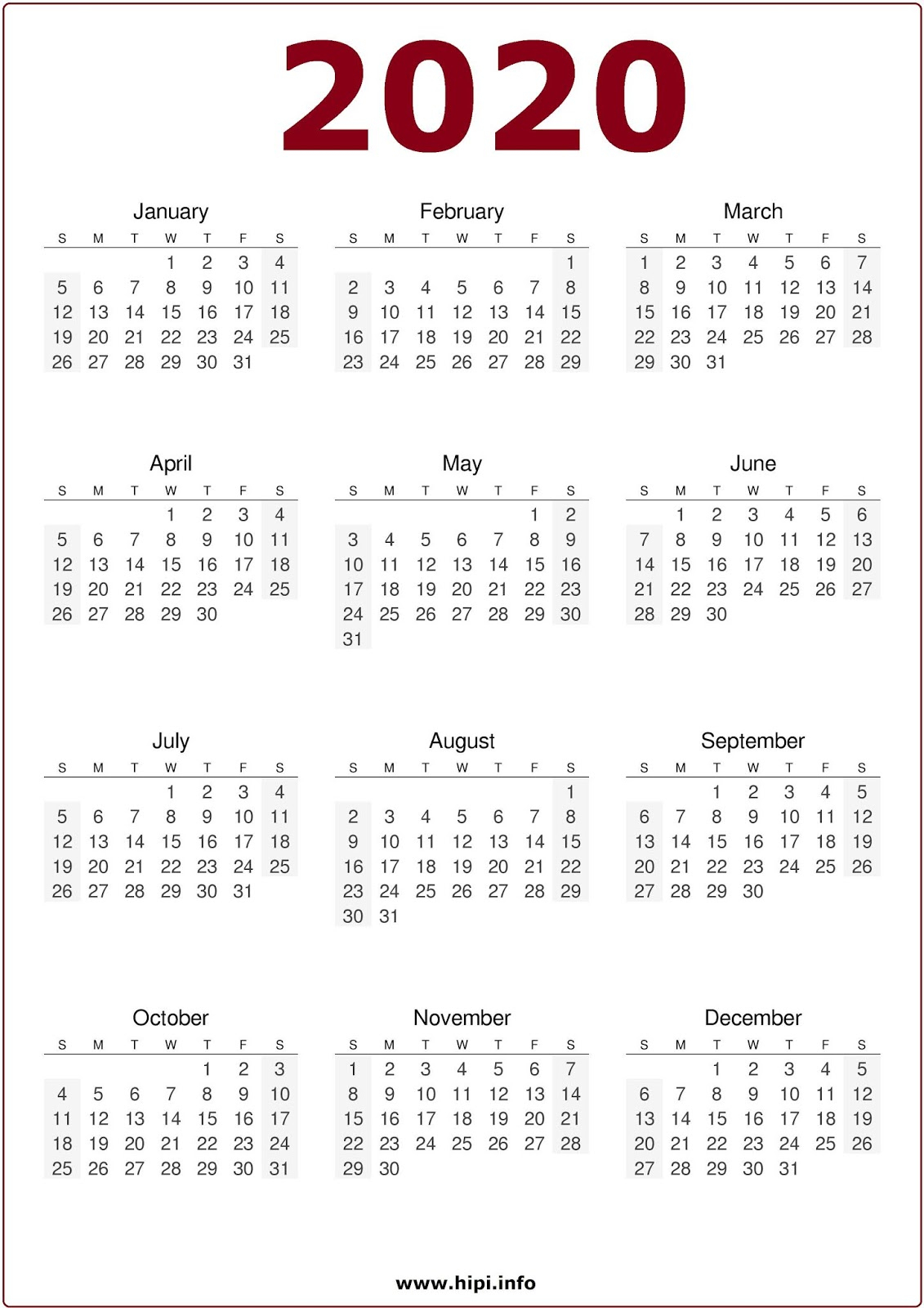 Calendar 2020 Single Page | Calendar Printables Free Templates