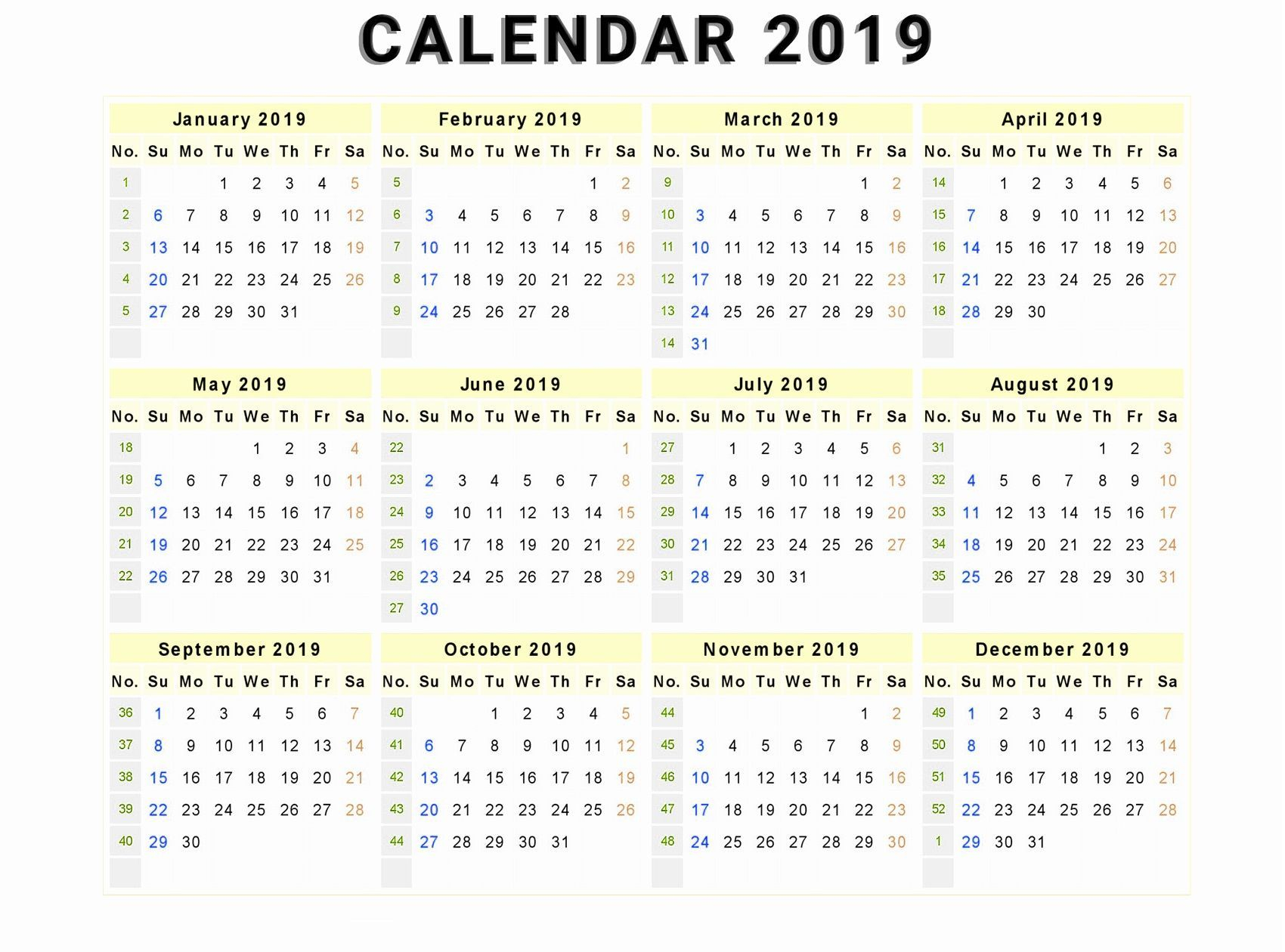 Canada 2019 12 Months Calendar | Printable Calendar Template