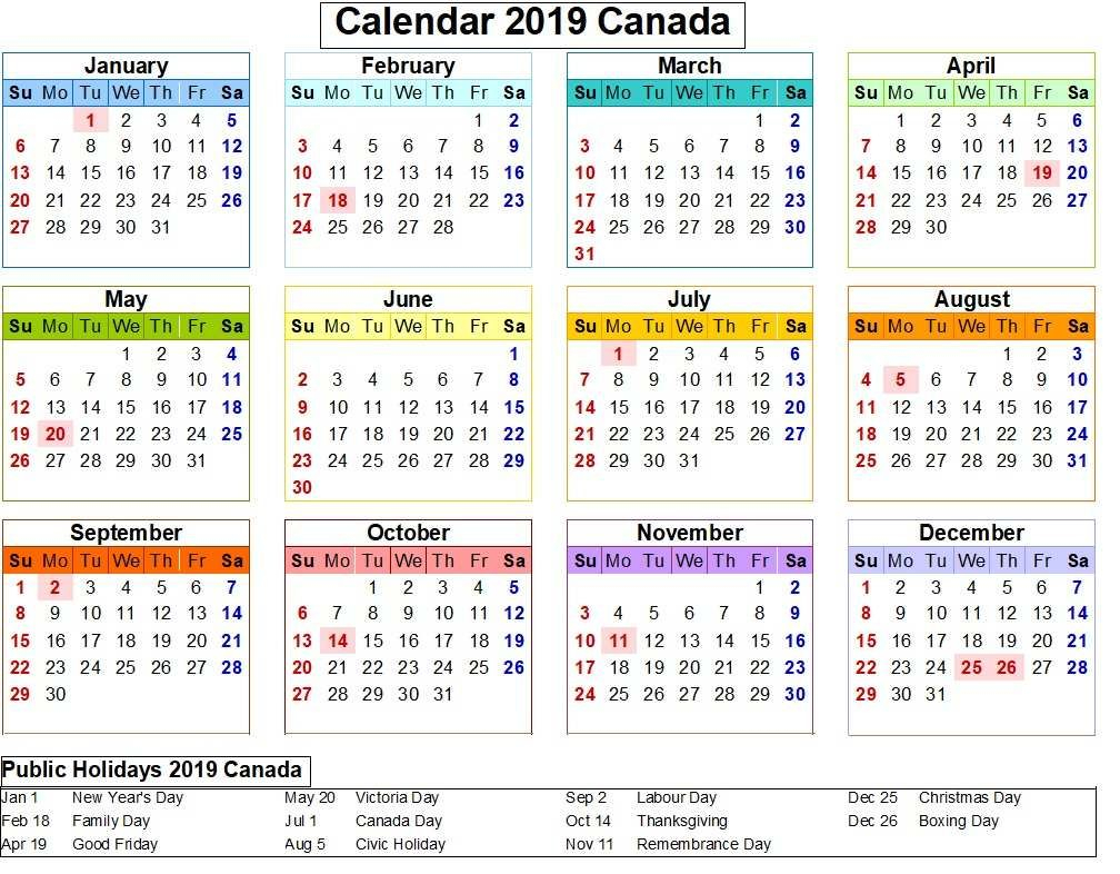 calendar of holidays canada