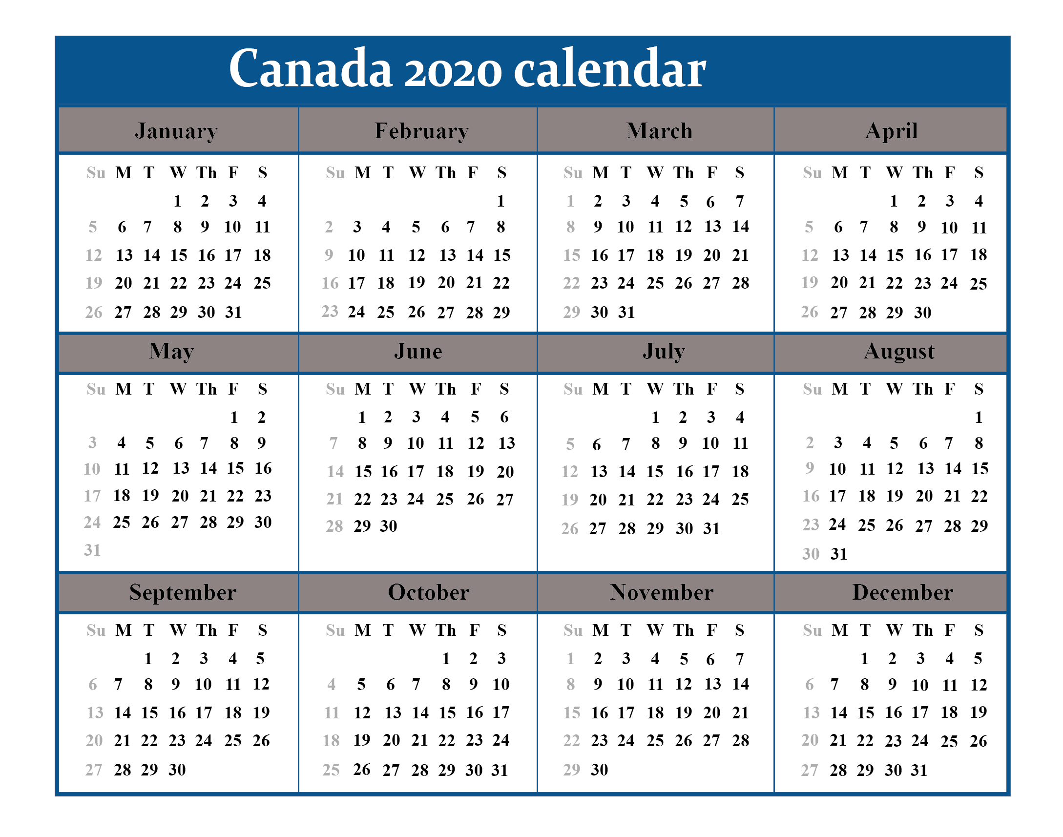 Print Canada Calendar 2020 Calendar Printables Free Templates