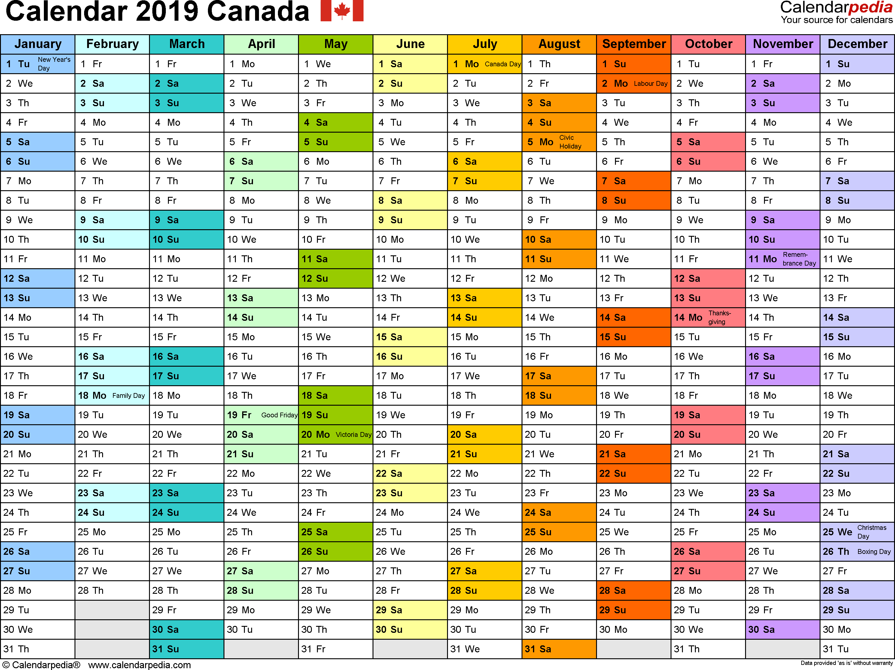 Canada Calendar 2019 - Free Printable Word Templates