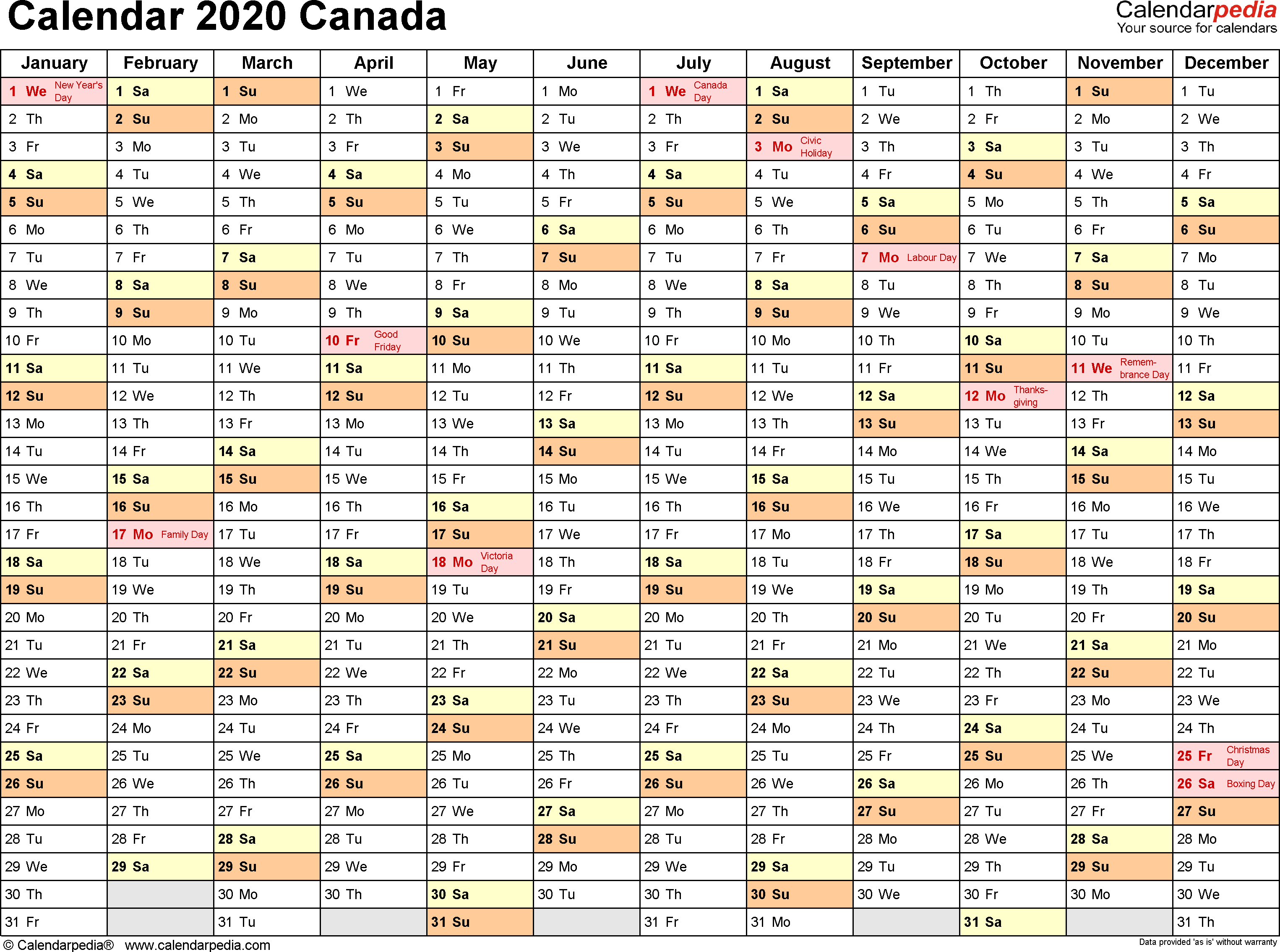 Canada Calendar 2020 - Free Printable Word Templates