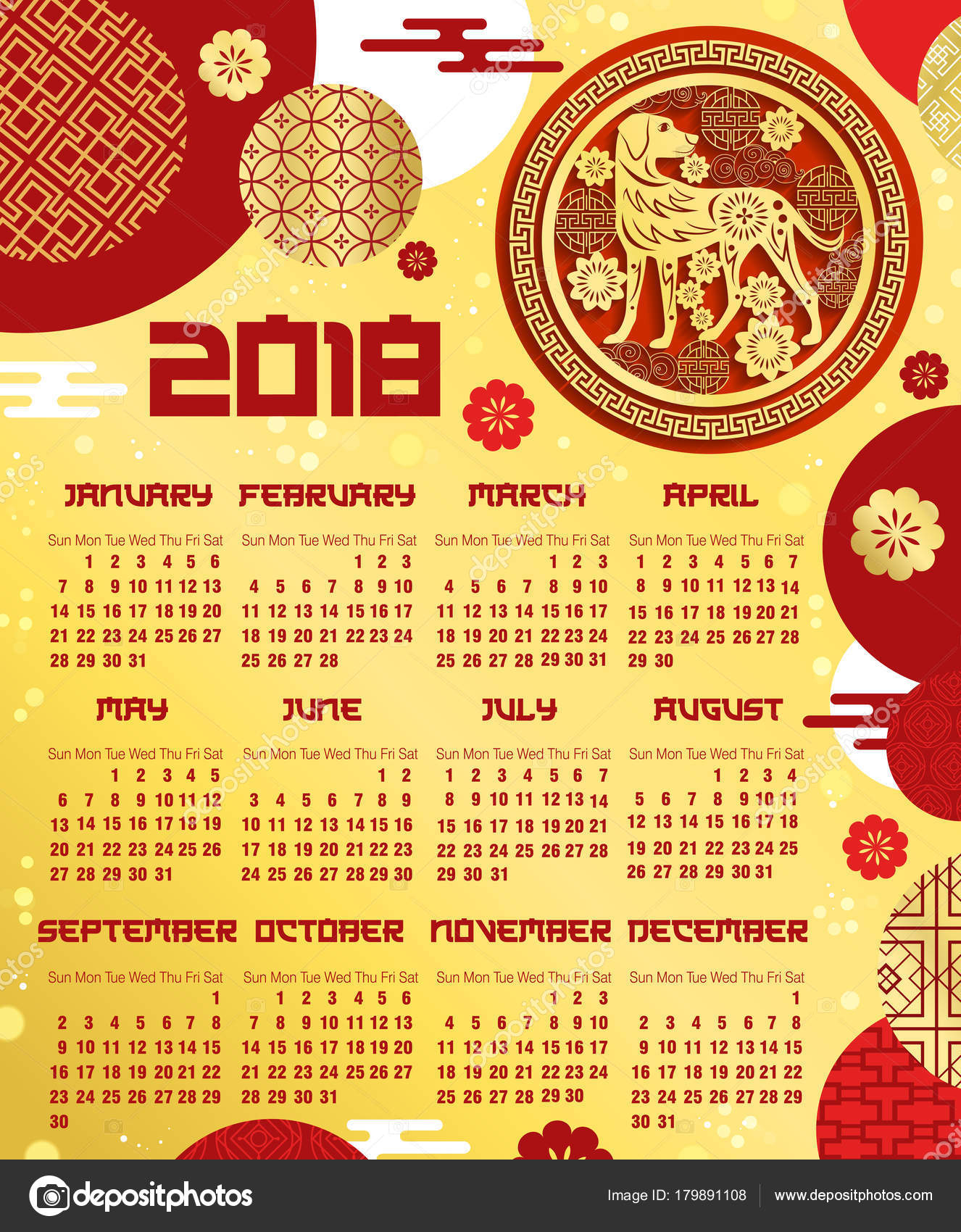 Chinese New Year Calendar Template With Zodiac Dog — Stock