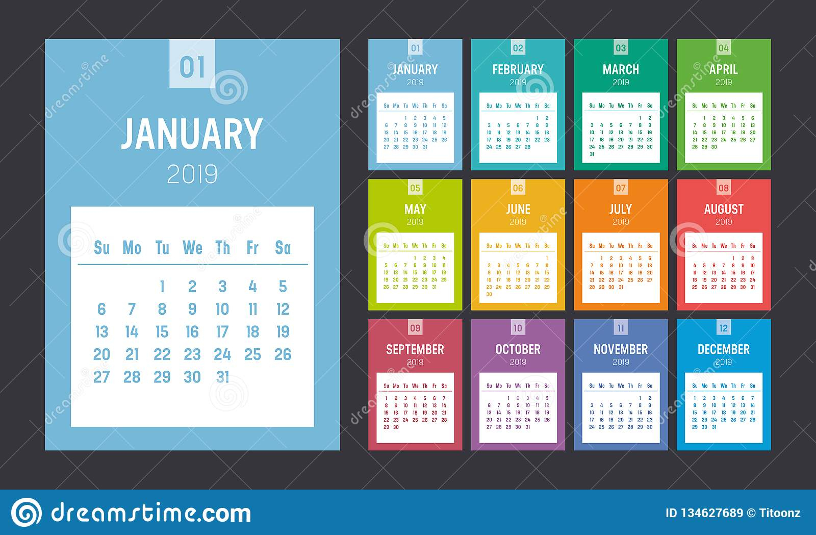 Colorful 2019 Vertical Calendar Stock Vector - Illustration