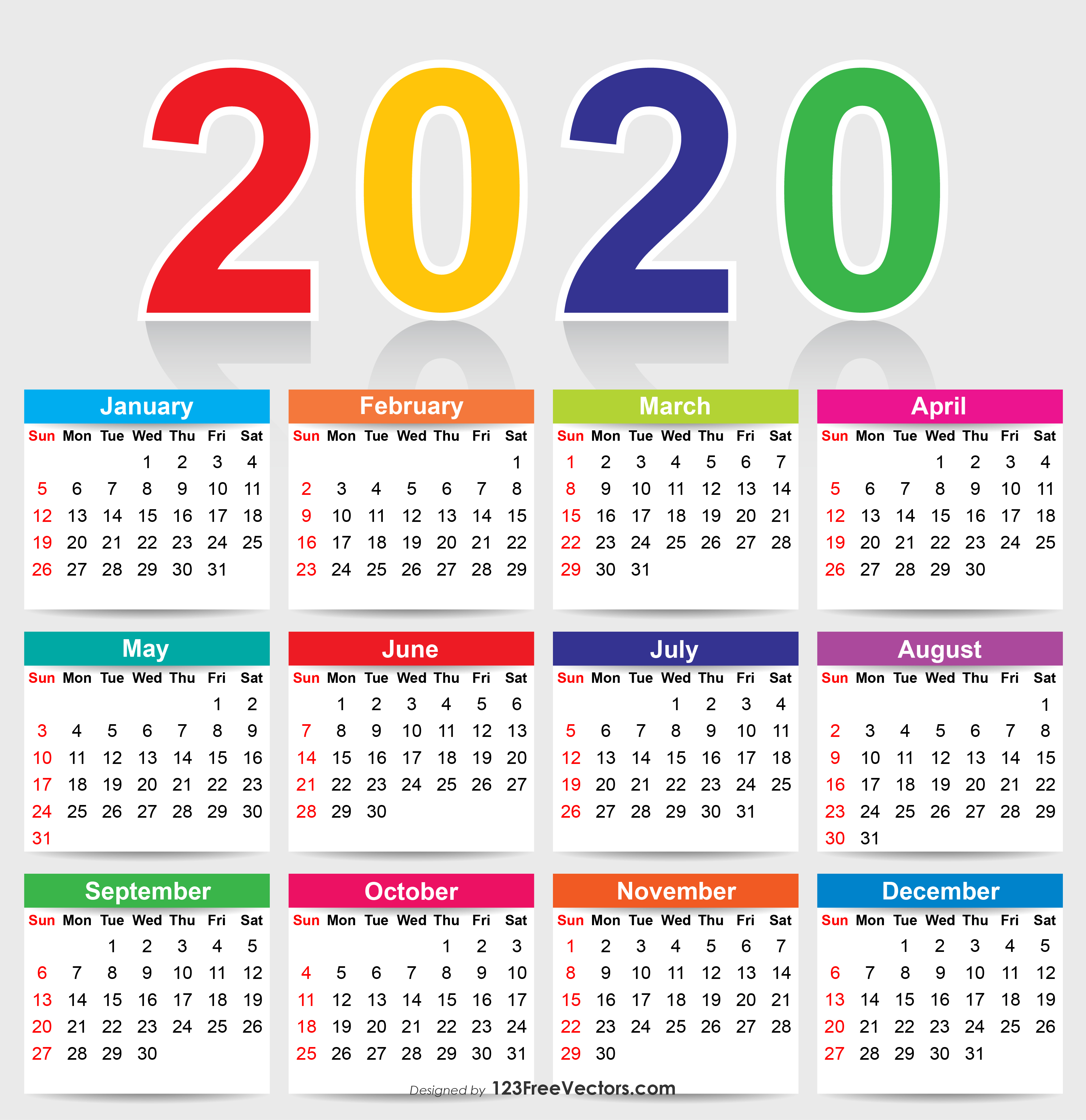 Colorful 2020 Calendar Vector