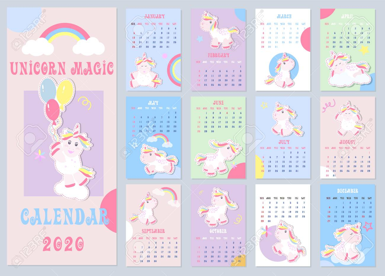Cute Kids Calendar 2020 With Little Unicorns. Kids Calendar,..