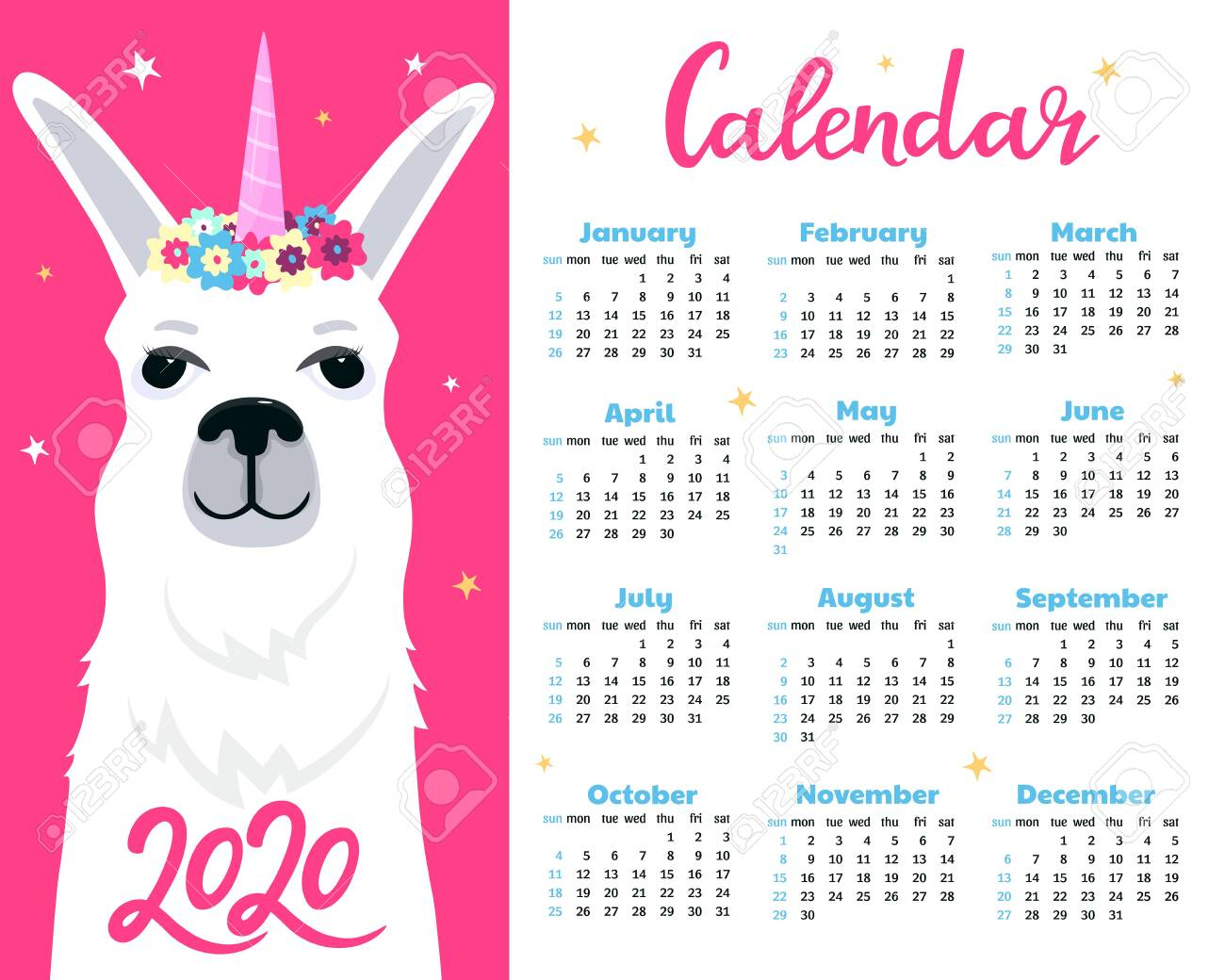 Cute Llama Unicorn. Calendar For 2020.