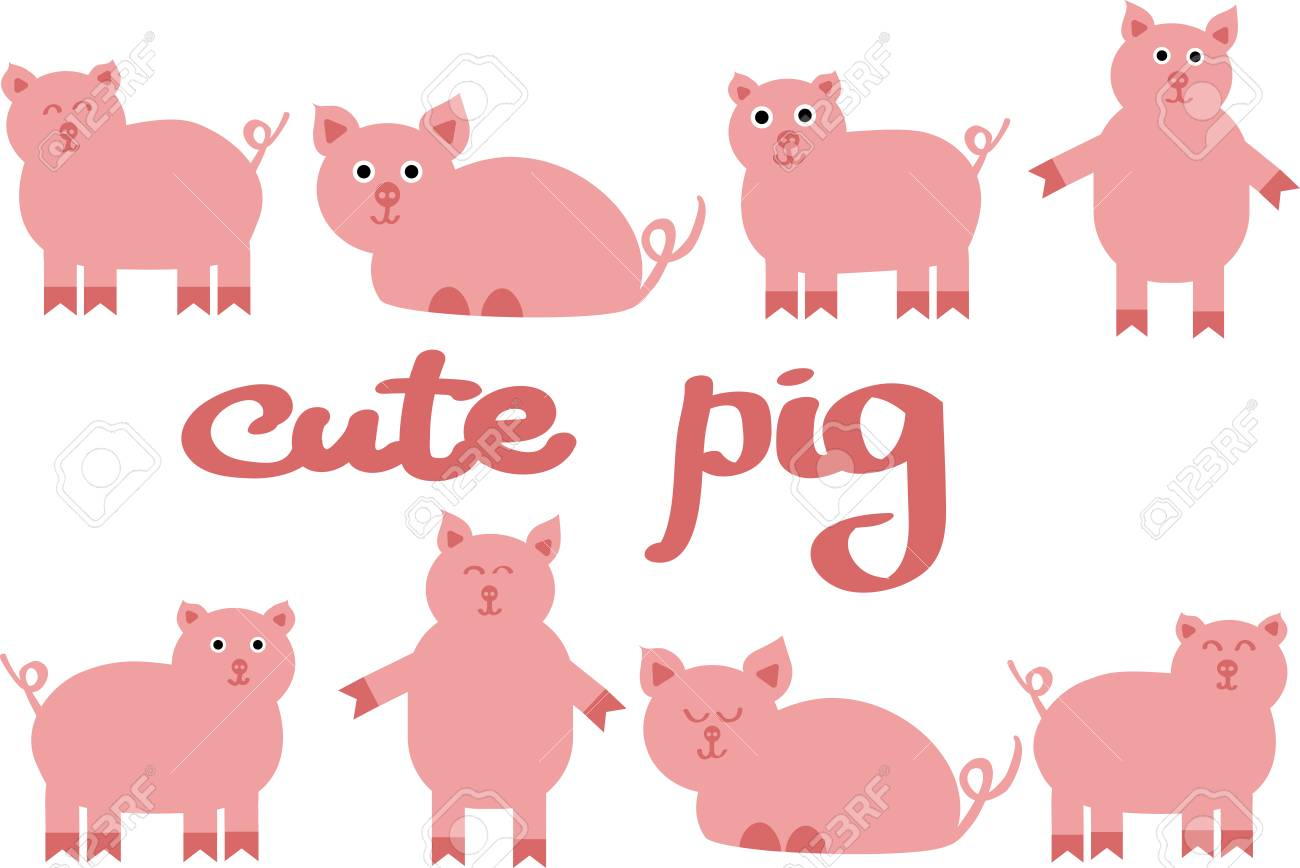 Cute Pig Vector Illustration, Drawing Of Farm Animals. Chinese..