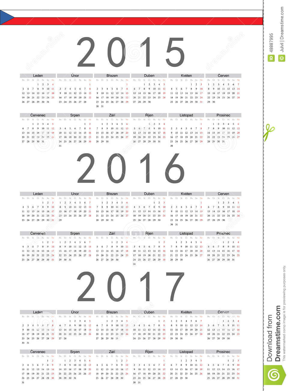 Czech 2015, 2016, 2017 Year Vector Calendar Stock Vector