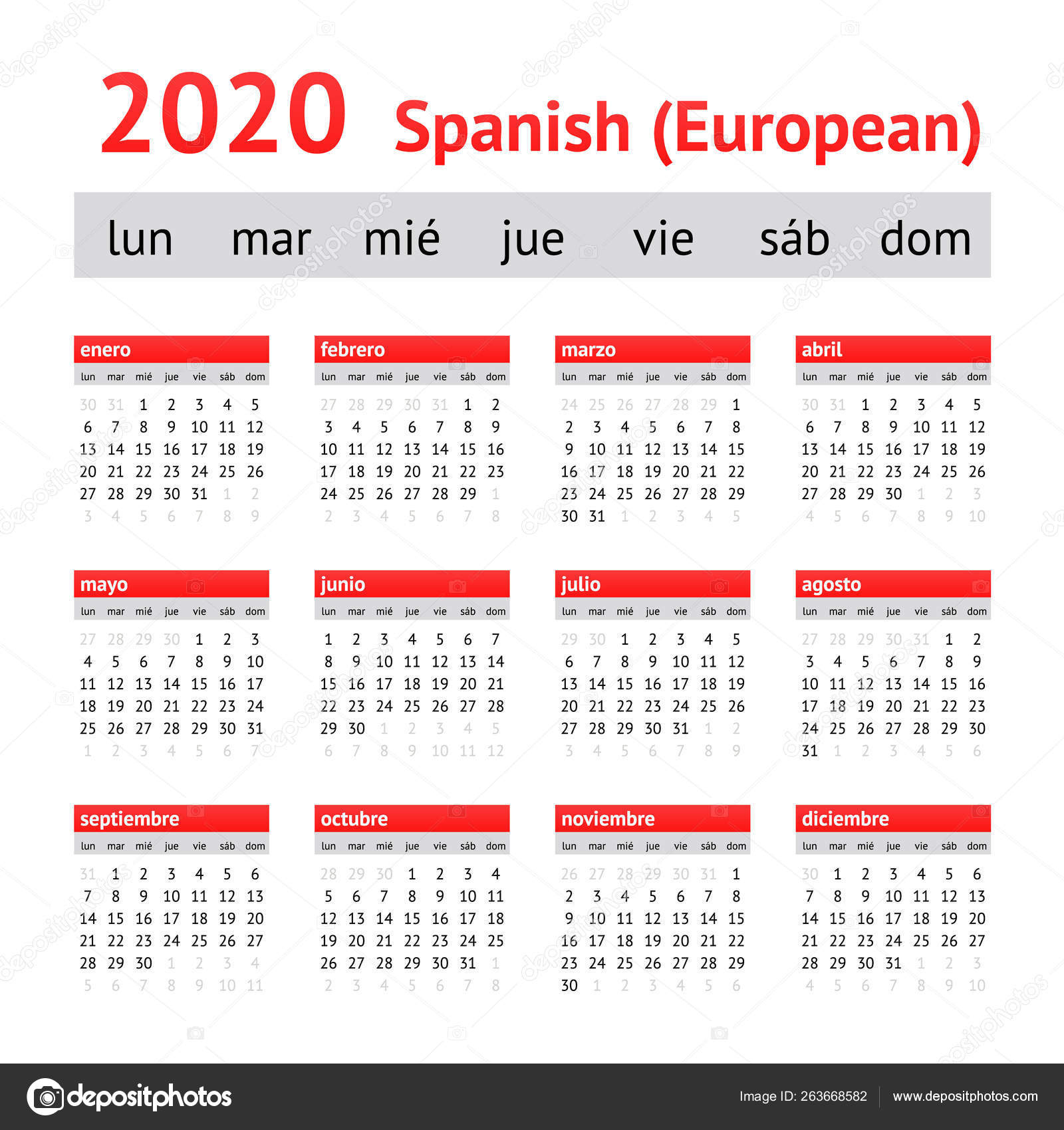 Календарь 2020 Испания. Европейский Испанский Календарь