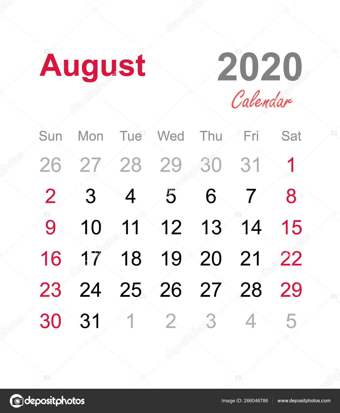 Календарь Августа 2020 Ежемесячный Шаблон Календаря 2020