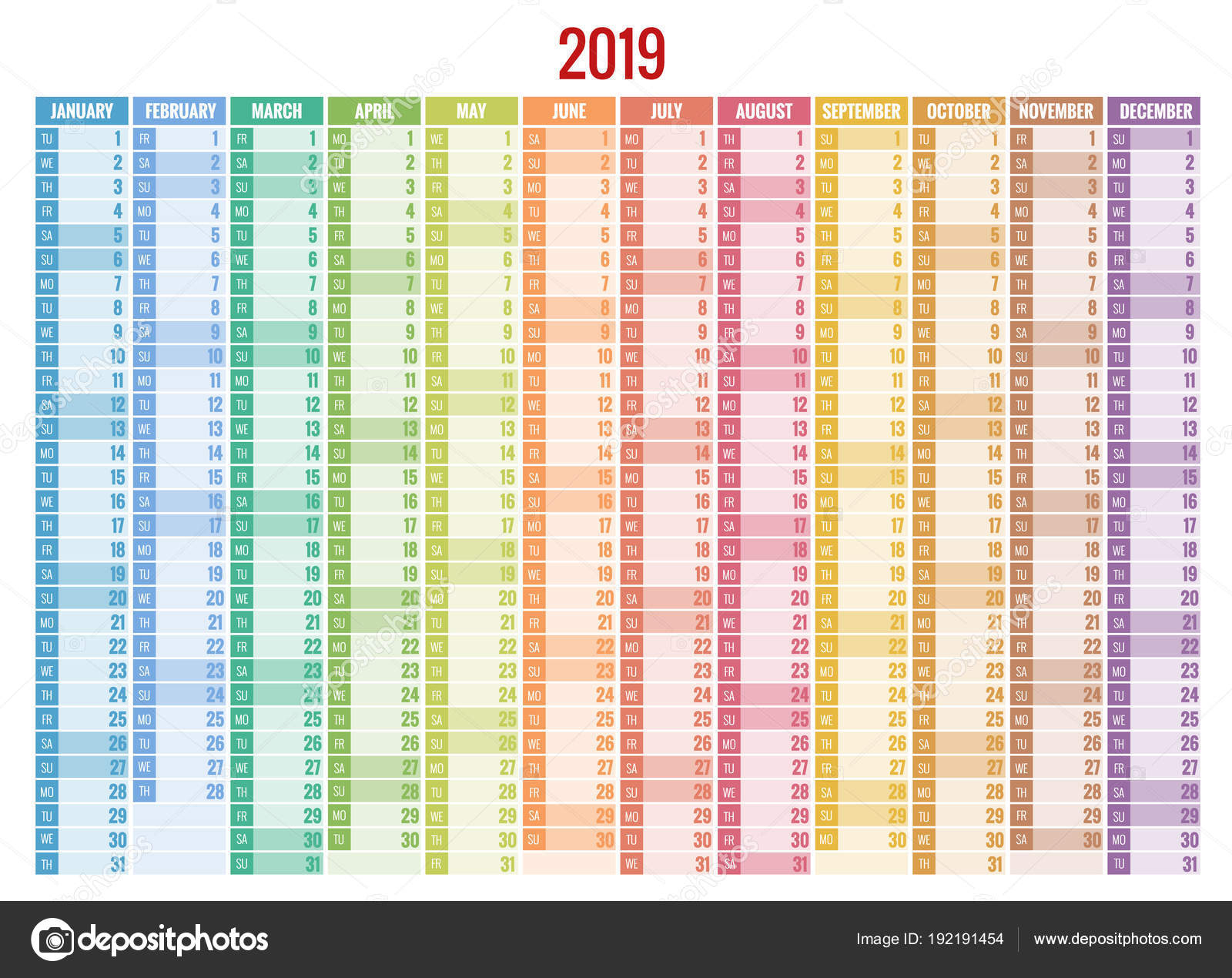 Календарь-Планировщик 2019 Год. Вектор Канцелярские Дизайн