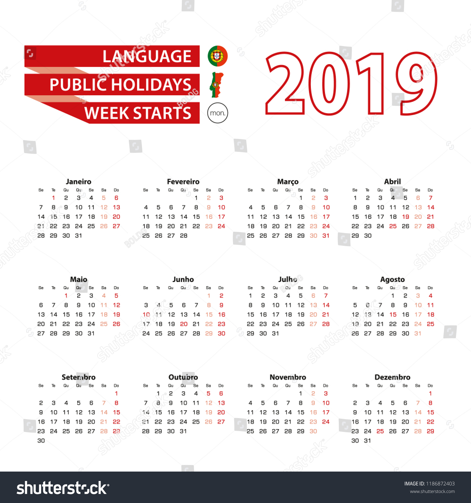 Стоковая Векторная Графика «Calendar 2019 Portuguese